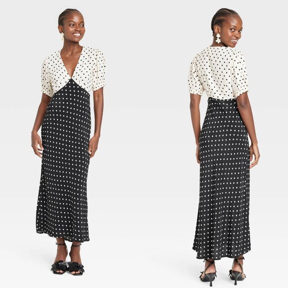 Small - Womens Crepe Puff Short Sleeve Midi Dress - A New Day - Polka Dots - Picture 1 of 9